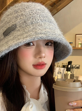 高级感灰色毛绒针织渔夫帽女2025新款秋冬保暖盆帽显脸小水桶帽子