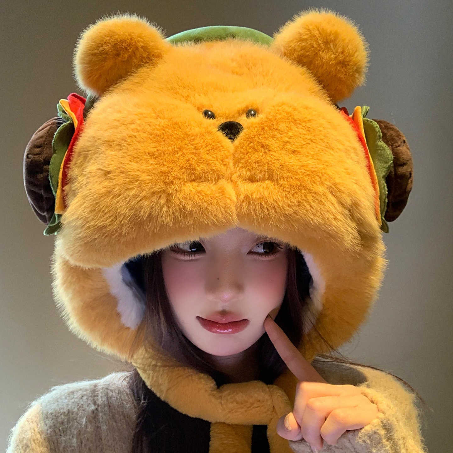 可爱汉堡小熊耳朵毛绒帽女秋冬季
