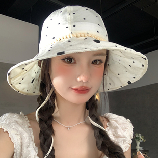韩系波点大帽檐遮阳渔夫帽子女夏薄款显脸小户外防晒防紫外线盆帽