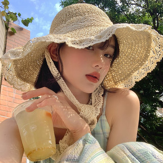 法式大帽檐草帽女2025新款夏季透气蕾丝镂空沙滩遮阳防晒帽子海边