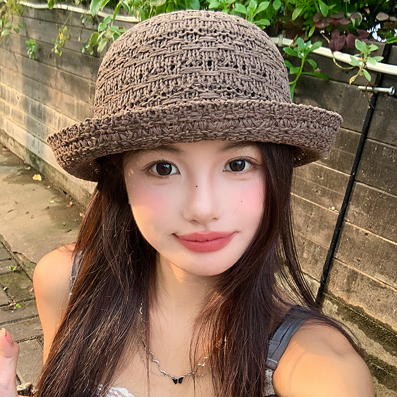 纯色卷边圆顶礼帽女夏季镂空透气