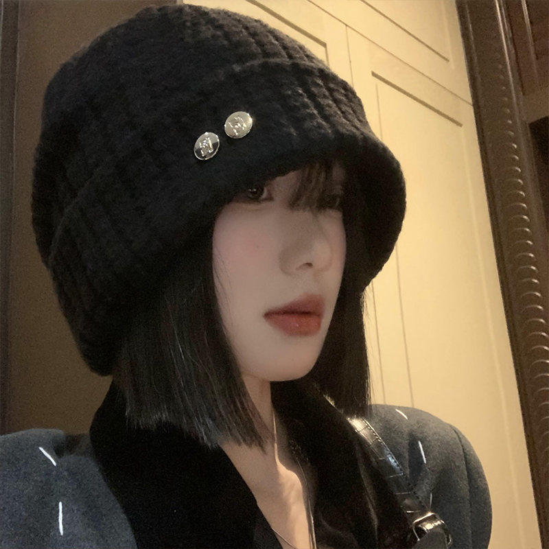 日系黑色针织包头帽女秋冬季保暖