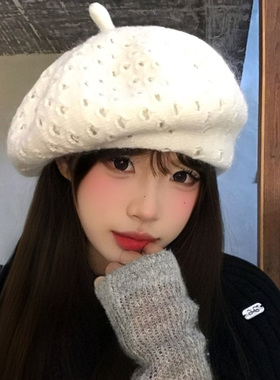 韩系白色针织贝雷帽女秋冬季保暖