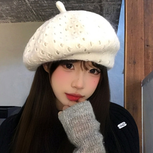 韩系白色针织贝雷帽女秋冬季保暖氛围感显脸小报童帽百搭画家帽子