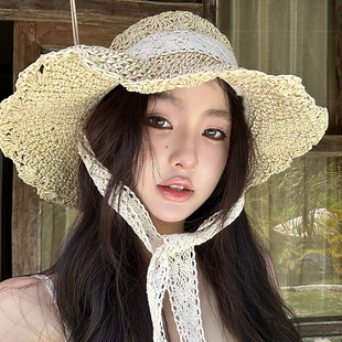 蕾丝缕空草编帽女大帽檐夏季防晒遮阳遮全脸太阳帽ins风海边帽子