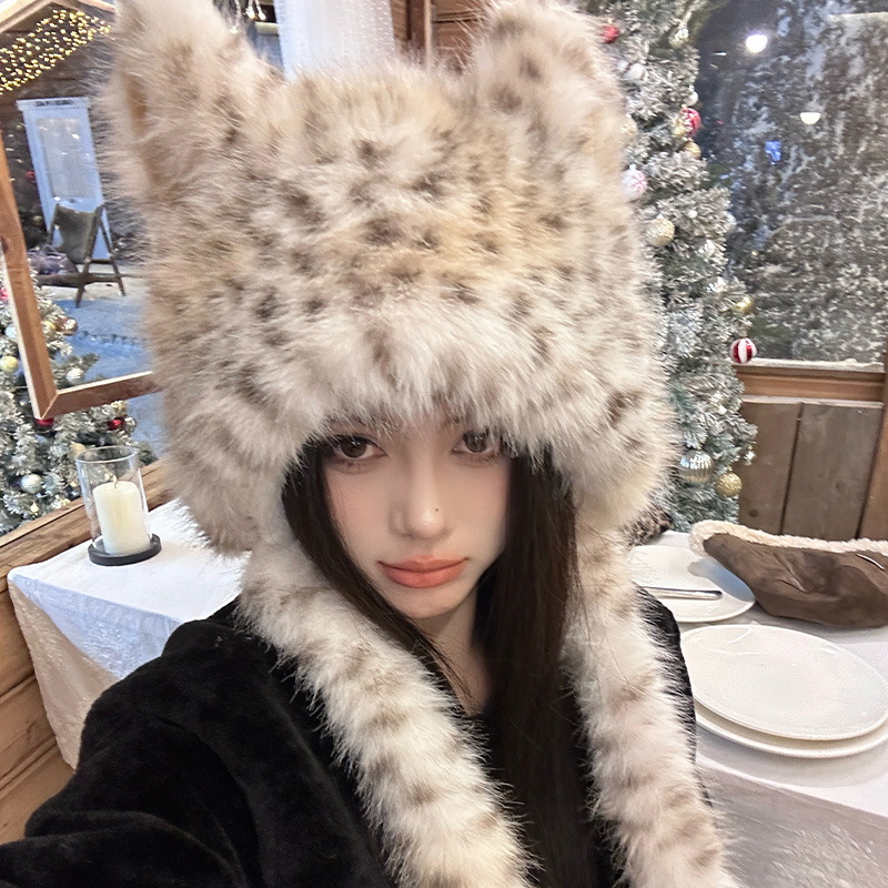 可爱狐狸耳朵豹纹毛绒帽子女2025