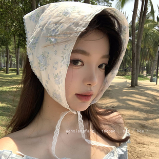 法式 海边田园风蝴蝶结爱心蕾丝边拍照丝巾 碎花三角头巾女包头夏季