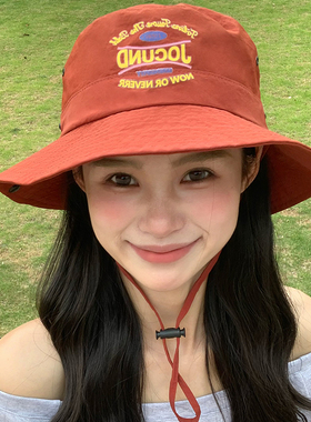 日系字母红色夏季渔夫帽女户外爬山露营速干盆帽子显脸小登山帽子