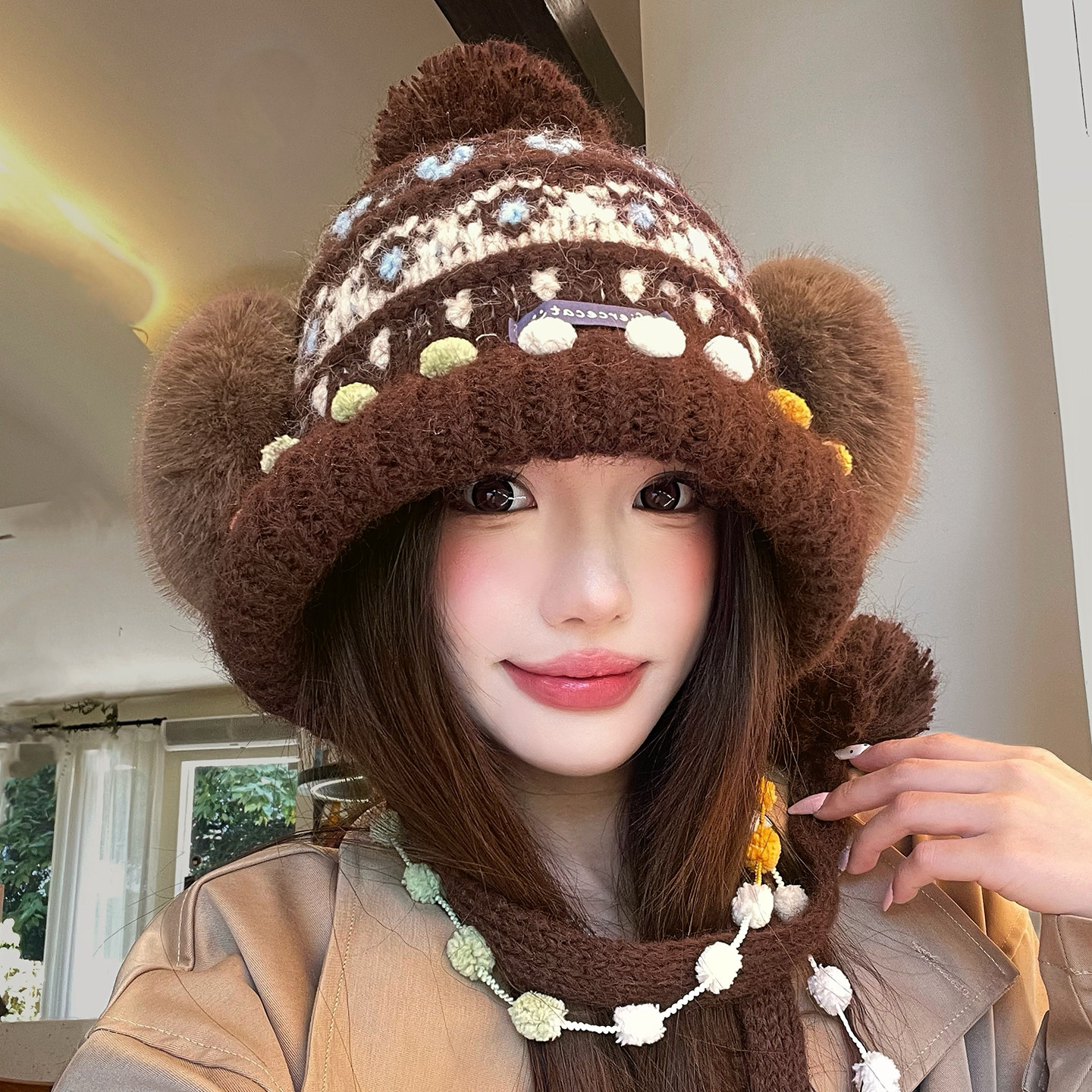 费尔岛风提花毛球流苏针织毛线帽女冬季加厚防寒保暖毛绒护耳帽子