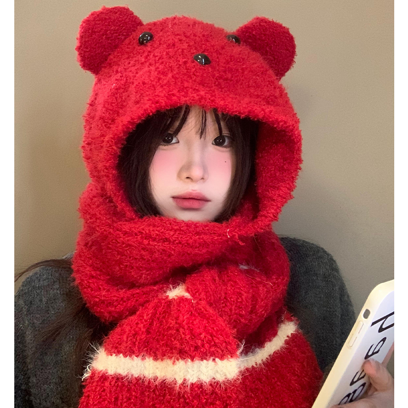 2025年新款红色小熊耳朵针织帽子
