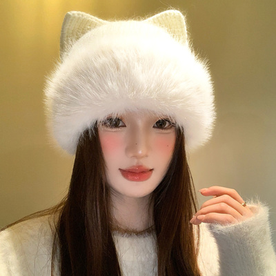 可爱猫耳朵白色护耳毛线帽女秋冬