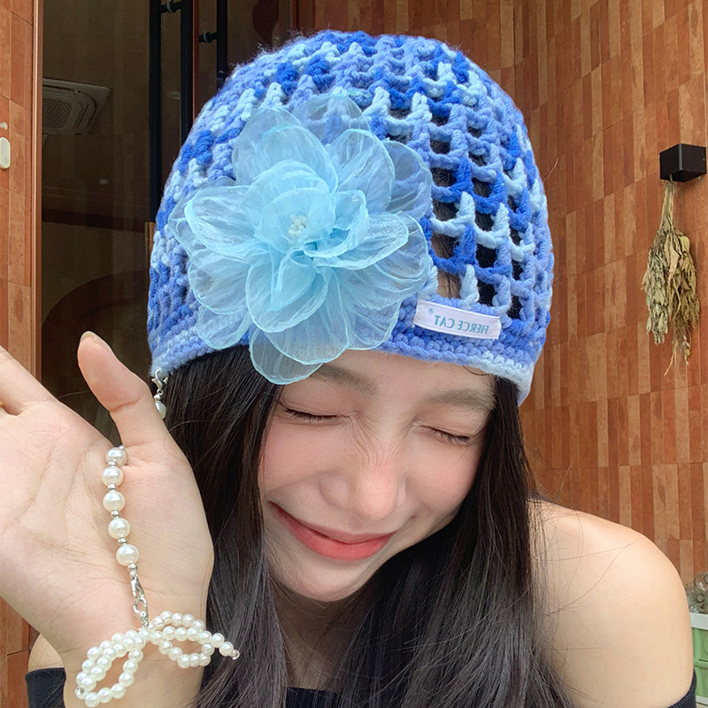 韩系花朵镂空珍珠流苏包头帽女夏