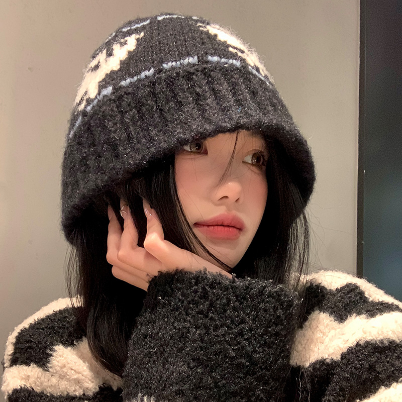 黑色复古针织毛线帽女2025冬季