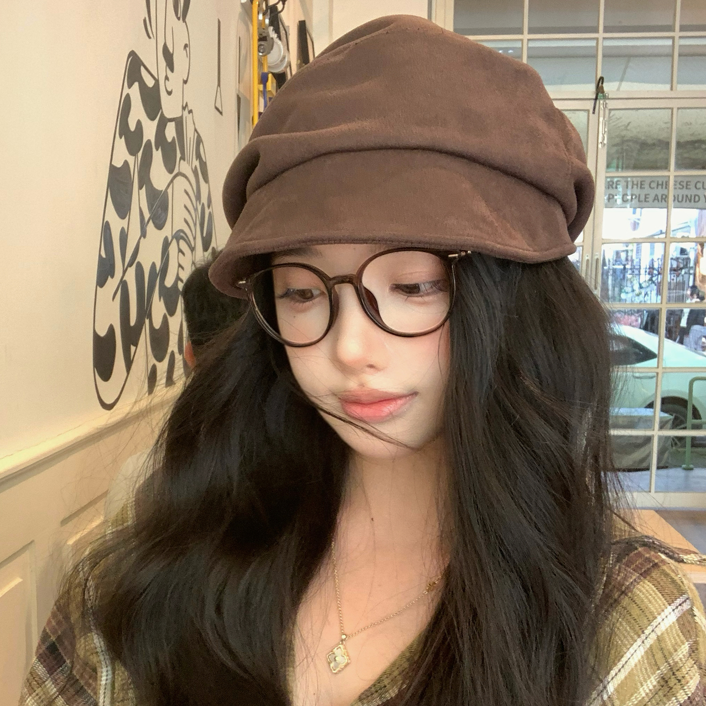 美拉德咖色麂皮绒渔夫堆堆帽女