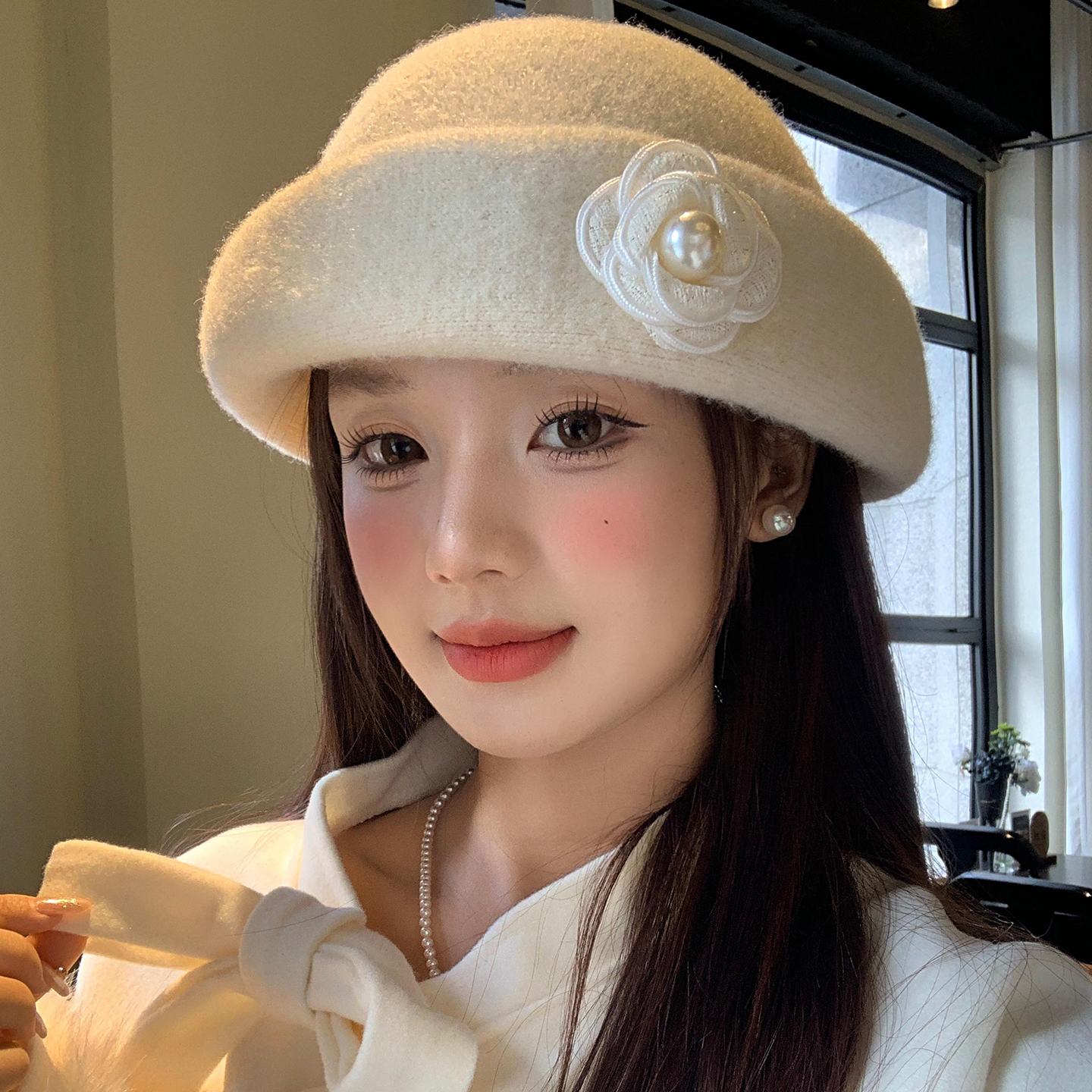 千金风山茶花珍珠礼帽女秋冬季