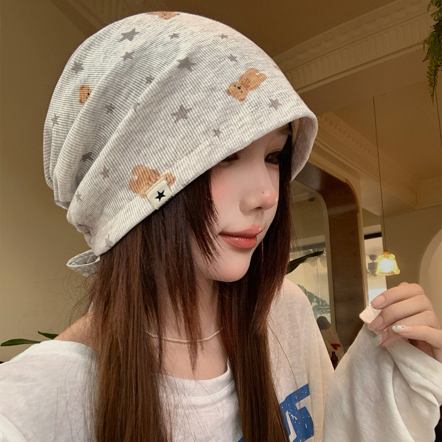 韩版可爱小熊星星印花堆堆帽女宽松大头围冷帽甜美显脸小包头帽子