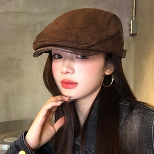 复古麂皮绒前进帽女2025新款秋冬季显脸小大头围反戴报童贝雷帽子