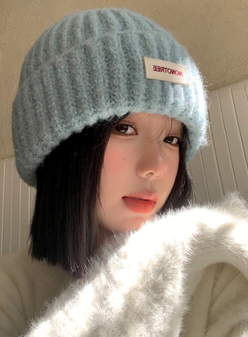 蓝色针织毛线帽女2026秋冬季大头围百搭帽子显脸小保暖护耳包头帽