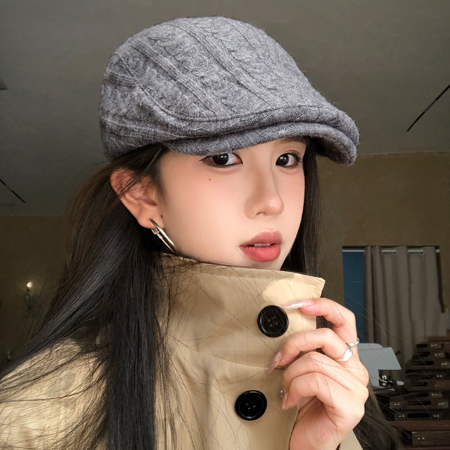 高品质麻花条纹针织鸭舌前进帽子女秋季复古百搭显脸小画家贝雷帽