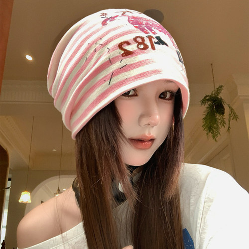 可爱猫咪条纹包头帽子女秋冬季