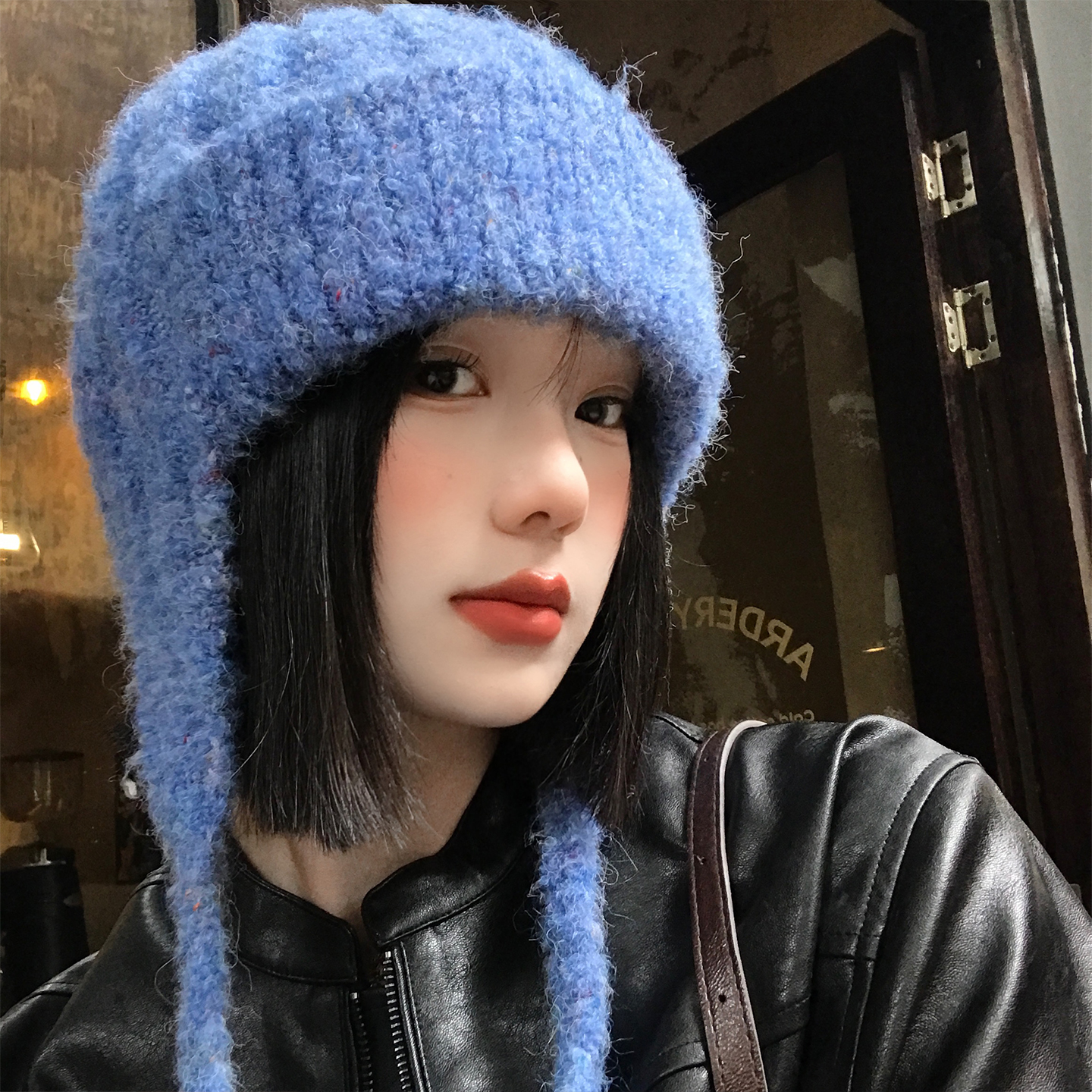 韩系克莱因蓝色针织护耳帽女秋冬