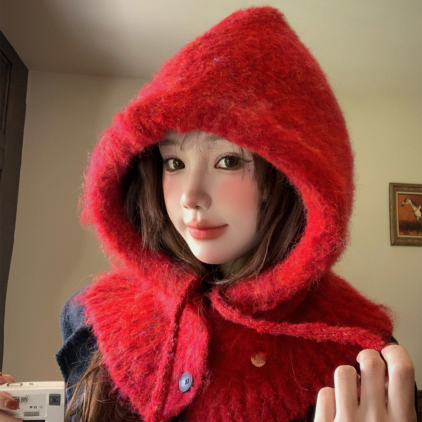 红色软糯毛绒巴拉克拉法帽女大头围冬季保暖护耳针织毛线帽子围巾