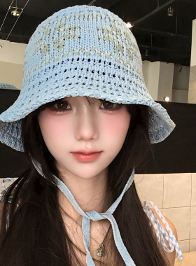 日系复古提花镂空蓝色渔夫帽女春夏薄款高级感大头围针织水桶帽子