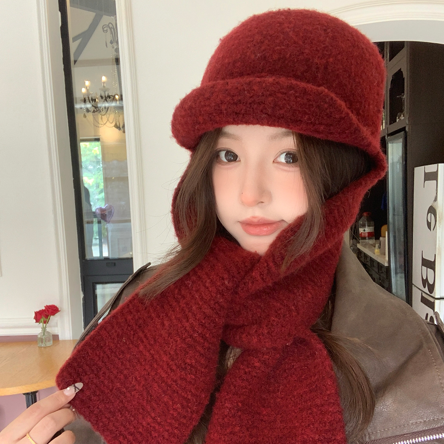 红色雷锋帽子围巾一体女针织帽秋