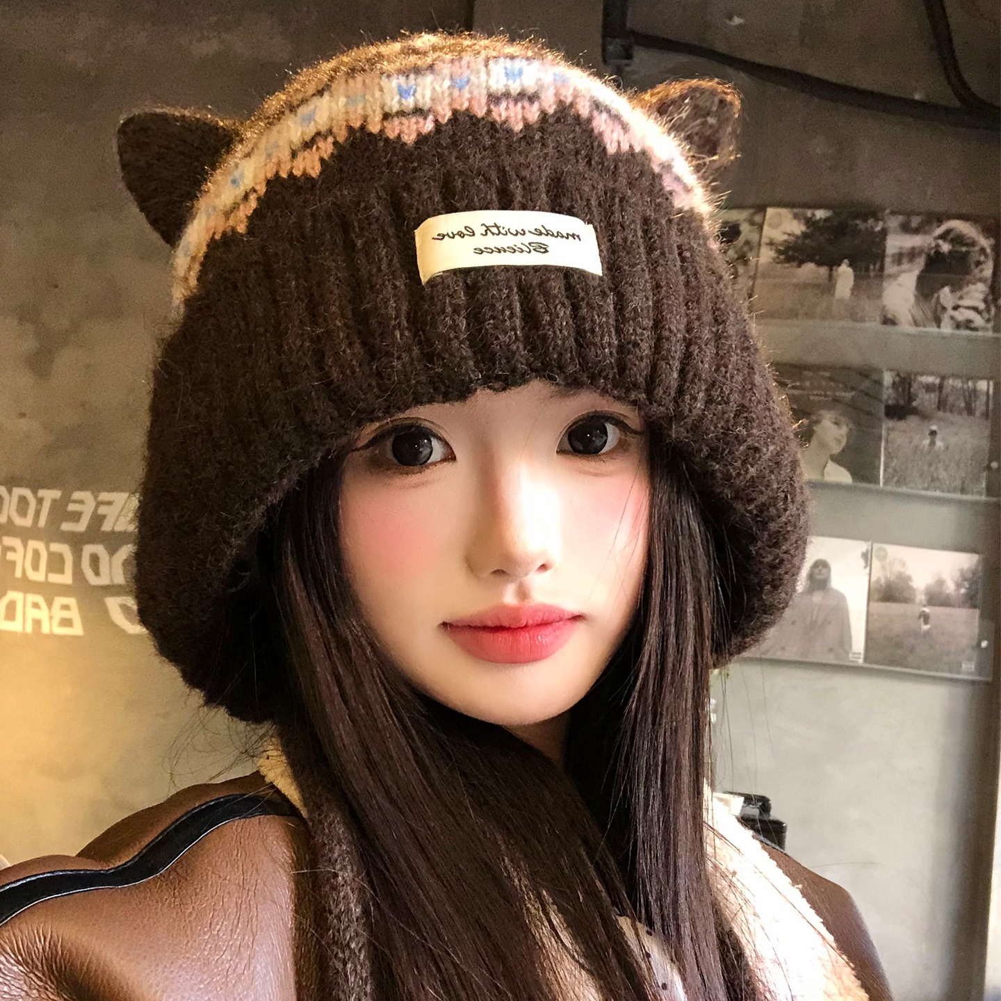 费尔岛可爱猫耳朵咖色毛线帽女冬