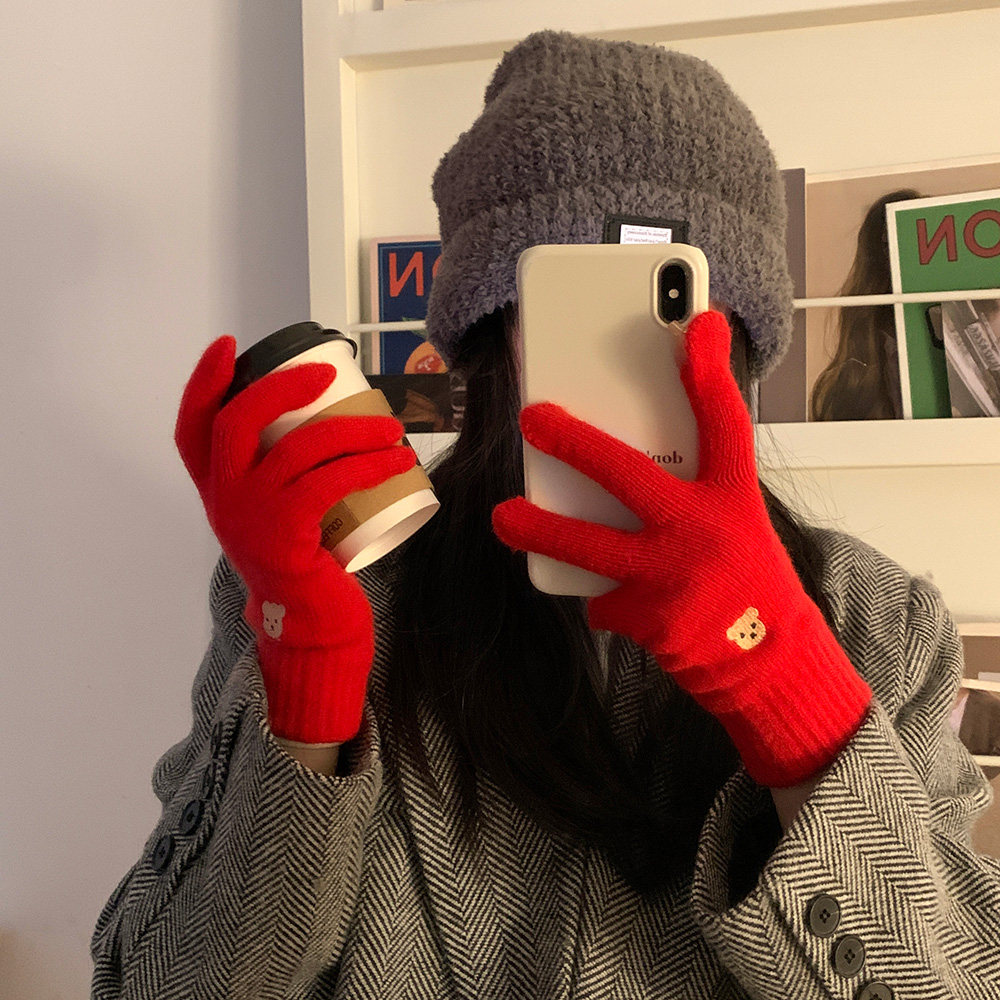 CUTE BEAR FINGER KNITTED WOOLEN GLOVES FEMALE AUTUMN AND WINTER 2023 NEW WINDPROOF WARM SOLID COLOR STUDENT TIDE