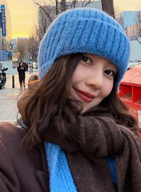 高圆圆同款蓝色护耳针织毛线帽女