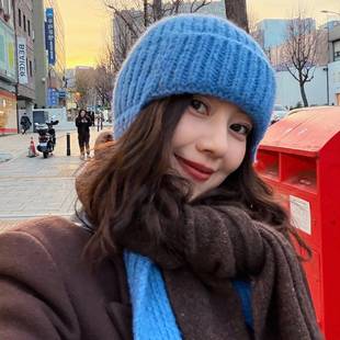 高圆圆同款蓝色护耳针织毛线帽女冬季韩系保暖显脸小帽子围巾一体