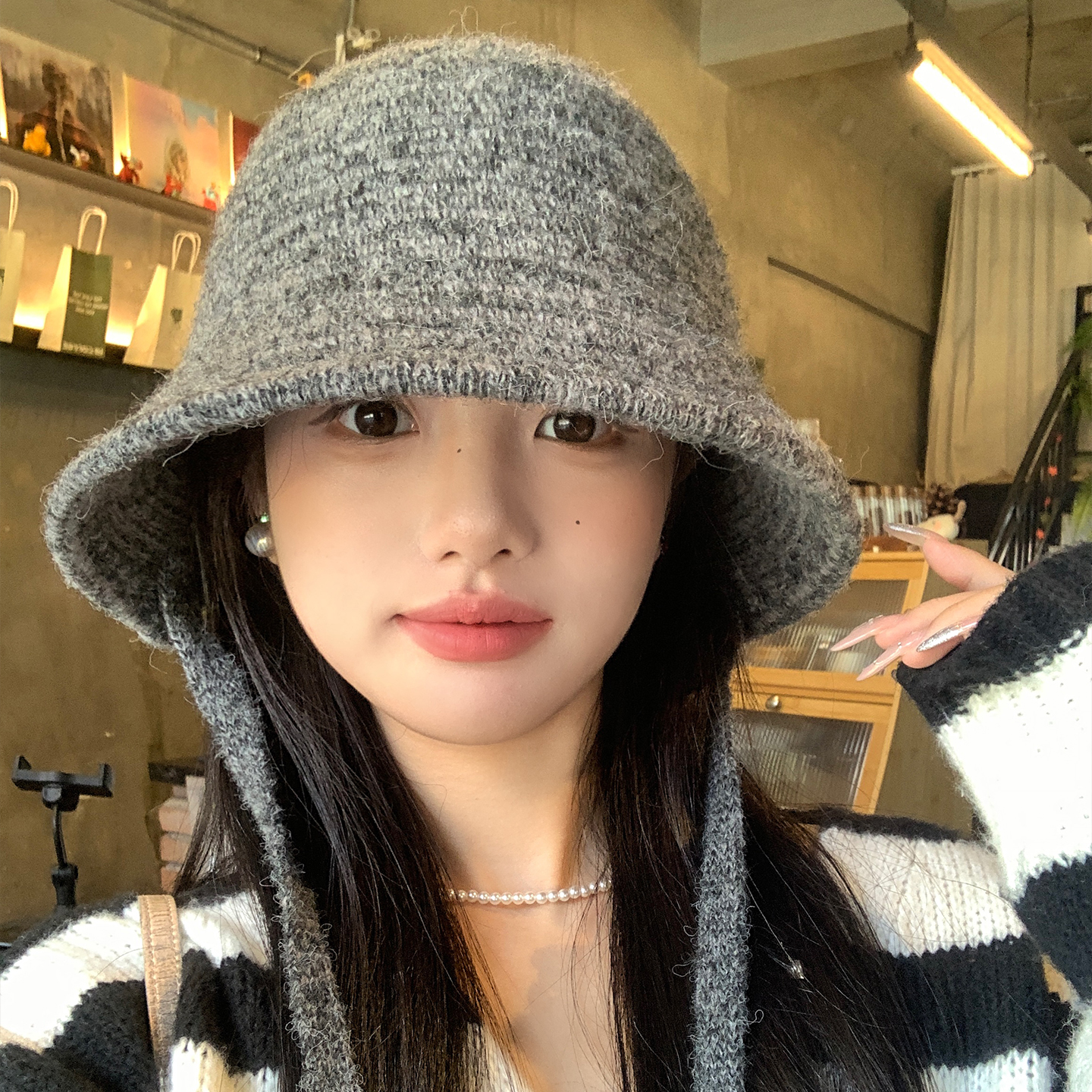 灰色针织绑带渔夫帽女秋冬季