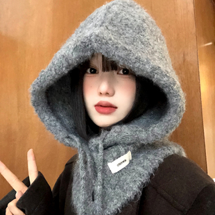灰色帽子围巾一体女冬加厚保暖巴拉克拉法帽防寒针织毛线护耳连帽