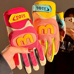 可爱多巴胺彩色五指骑行手套女冬保暖户外防风骑电动车滑雪可触屏