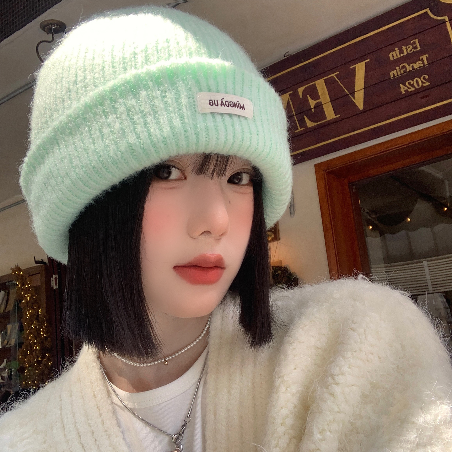 薄荷绿针织毛线帽女秋冬季大头围