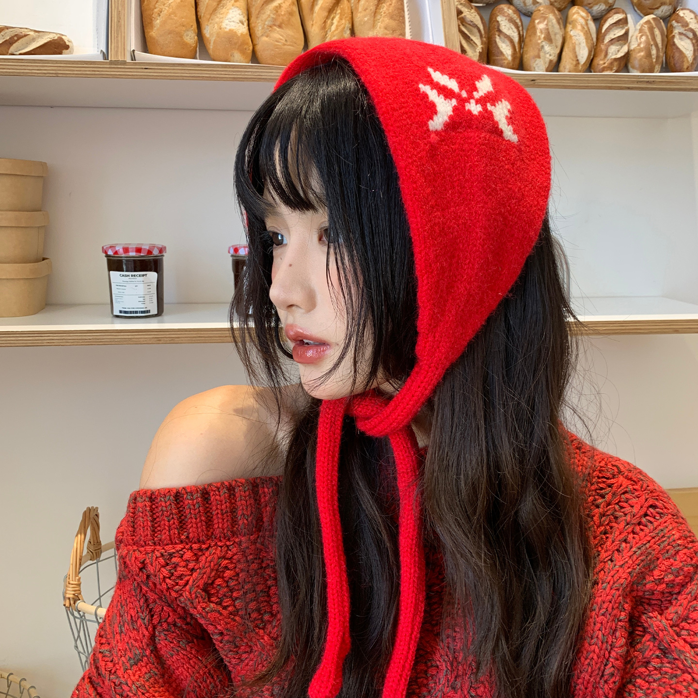 韩系红色提花针织毛线耳罩女秋冬防寒护耳头巾保暖百搭耳暖耳捂子