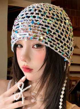镂空亮片珍珠流苏包头帽女夏新款