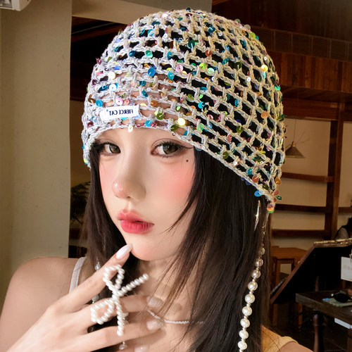 镂空亮片珍珠流苏包头帽女夏新款