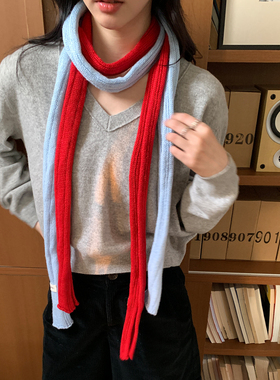 红色细窄长条针织围巾女秋冬简约