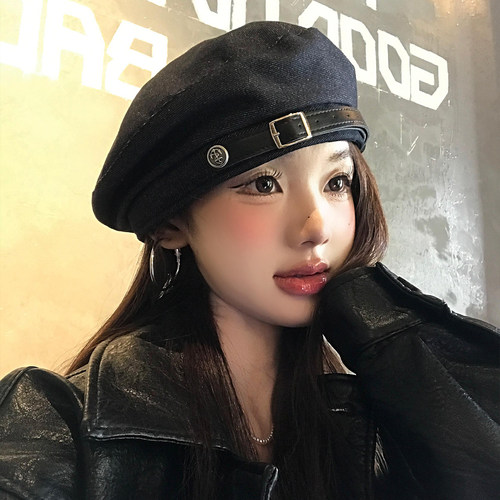 皮扣牛仔贝雷帽女2026年秋冬