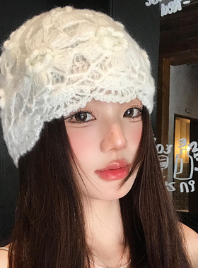 手工钩花编织镂空包头帽女秋冬
