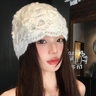 手工钩花编织镂空包头帽女秋冬季大头围保暖冷帽日系文艺针织帽子