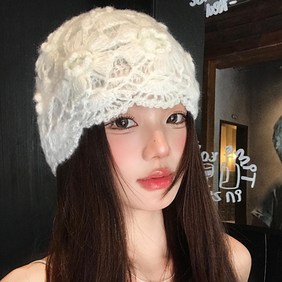 手工钩花编织镂空包头帽女秋冬