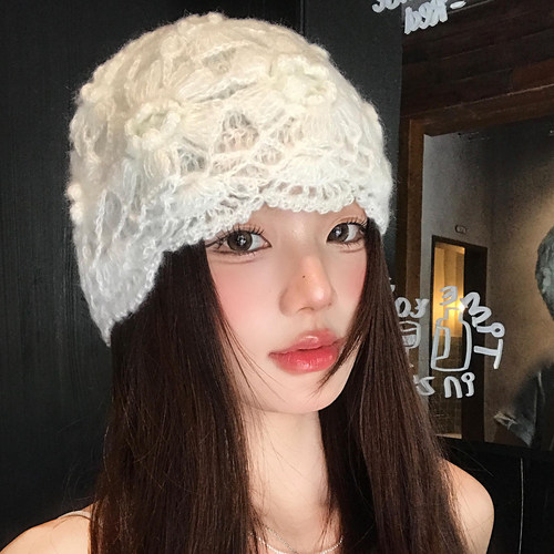 手工钩花编织镂空包头帽女秋冬