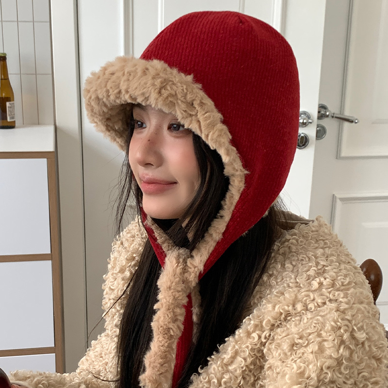 红色毛绒雷锋帽女2025年秋冬季