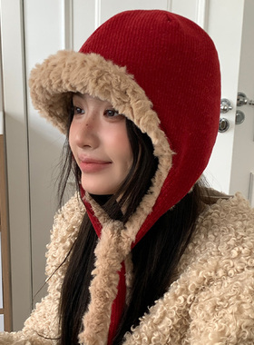 红色毛绒雷锋帽女2026年秋冬季
