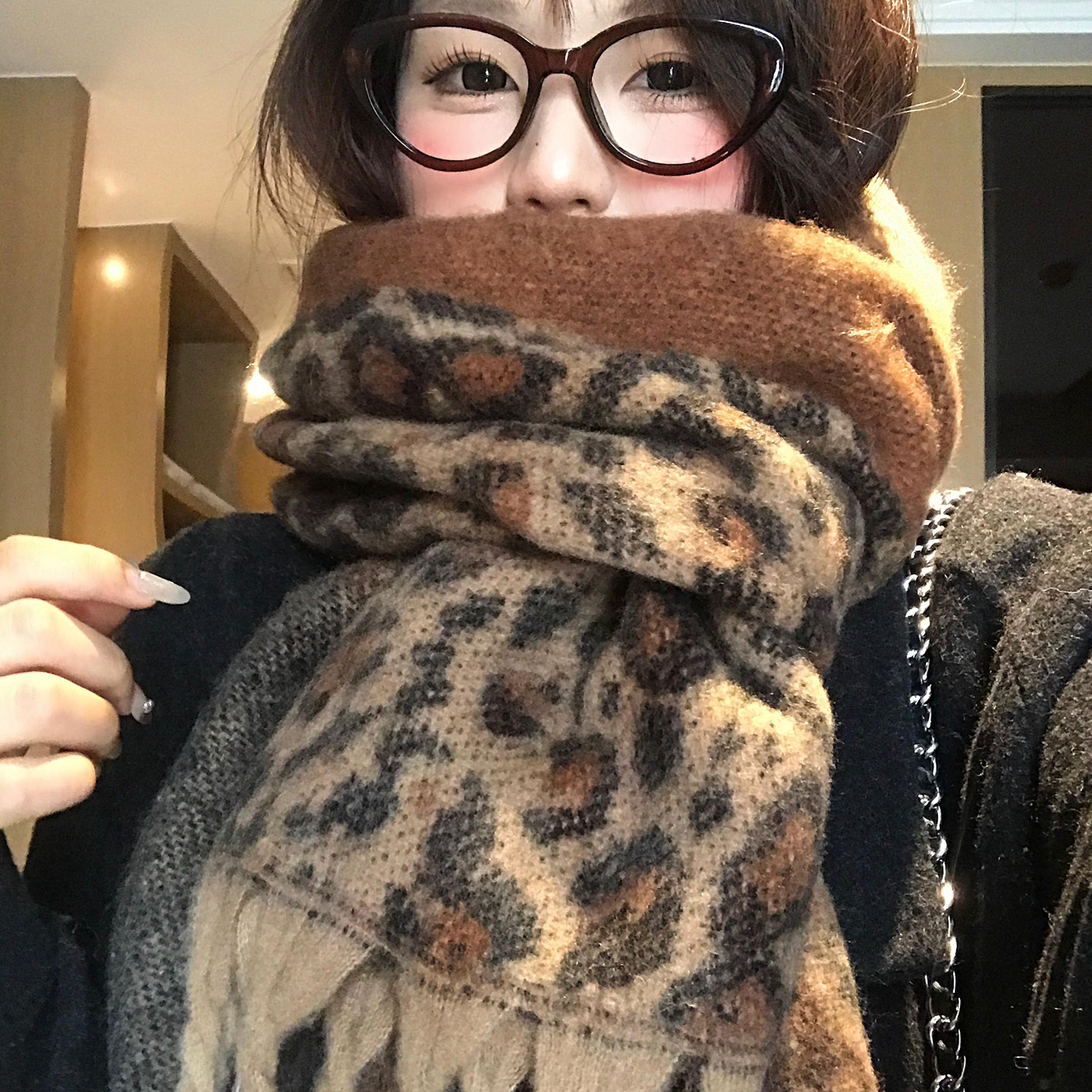 高级感豹纹毛绒针织围巾女秋冬