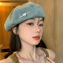 透气八角画家帽大头围显脸小帽子 爱心蓝色水洗牛仔贝雷帽女夏薄款