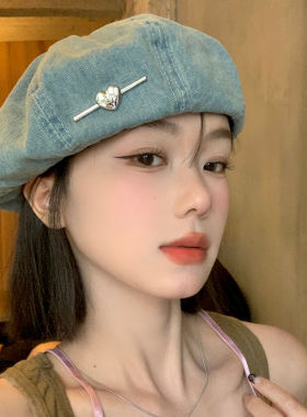 爱心蓝色水洗牛仔贝雷帽女夏薄款透气八角画家帽大头围显脸小帽子